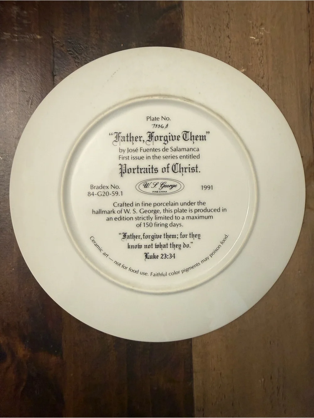 1991 W.S. George Portraits of Christ Collector Plate Father Forgive Them